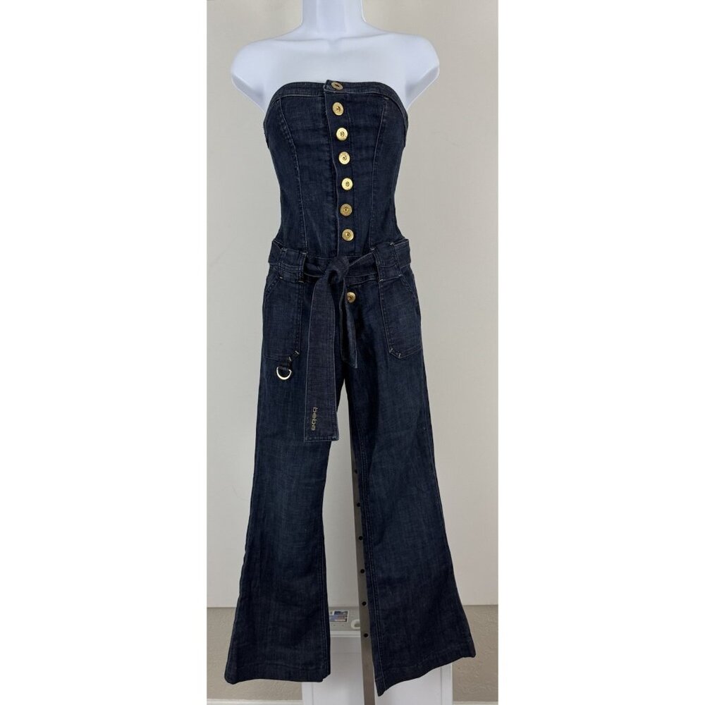 BEBE Strapless Denim Jumpsuit Snap Front Tie Belt Detail Bell Bottom Retro Sz 24
